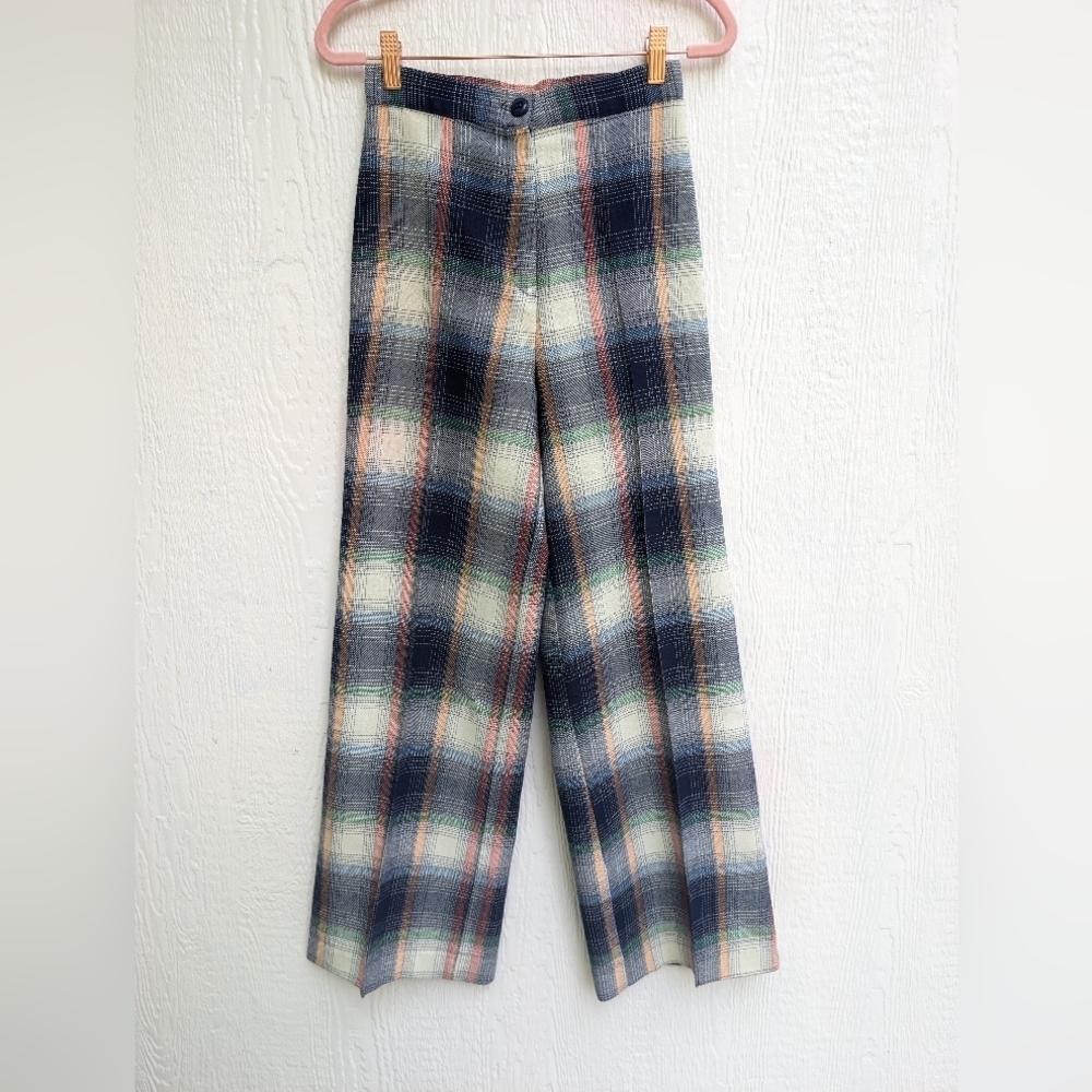 Vintage Plaid Wide-Leg Pants in Navy, Cream & Green